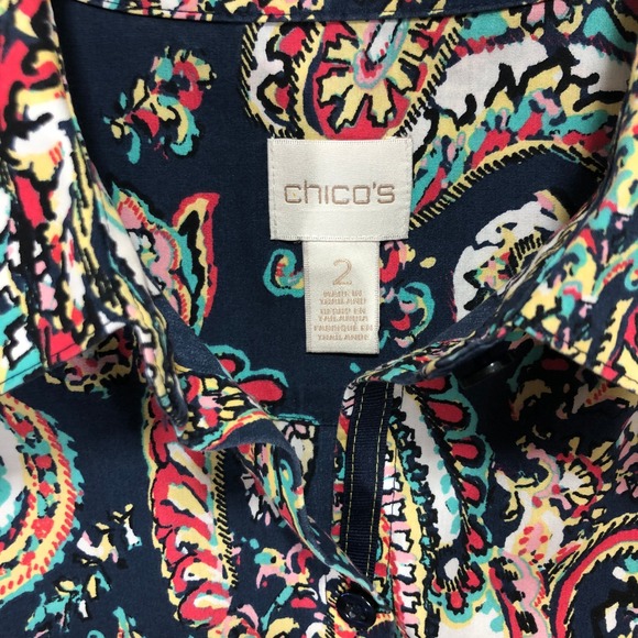 Chico's Paisley Print Button Down Long Sleeve Top Colorful Blouse Size 2 - Picture 3 of 8